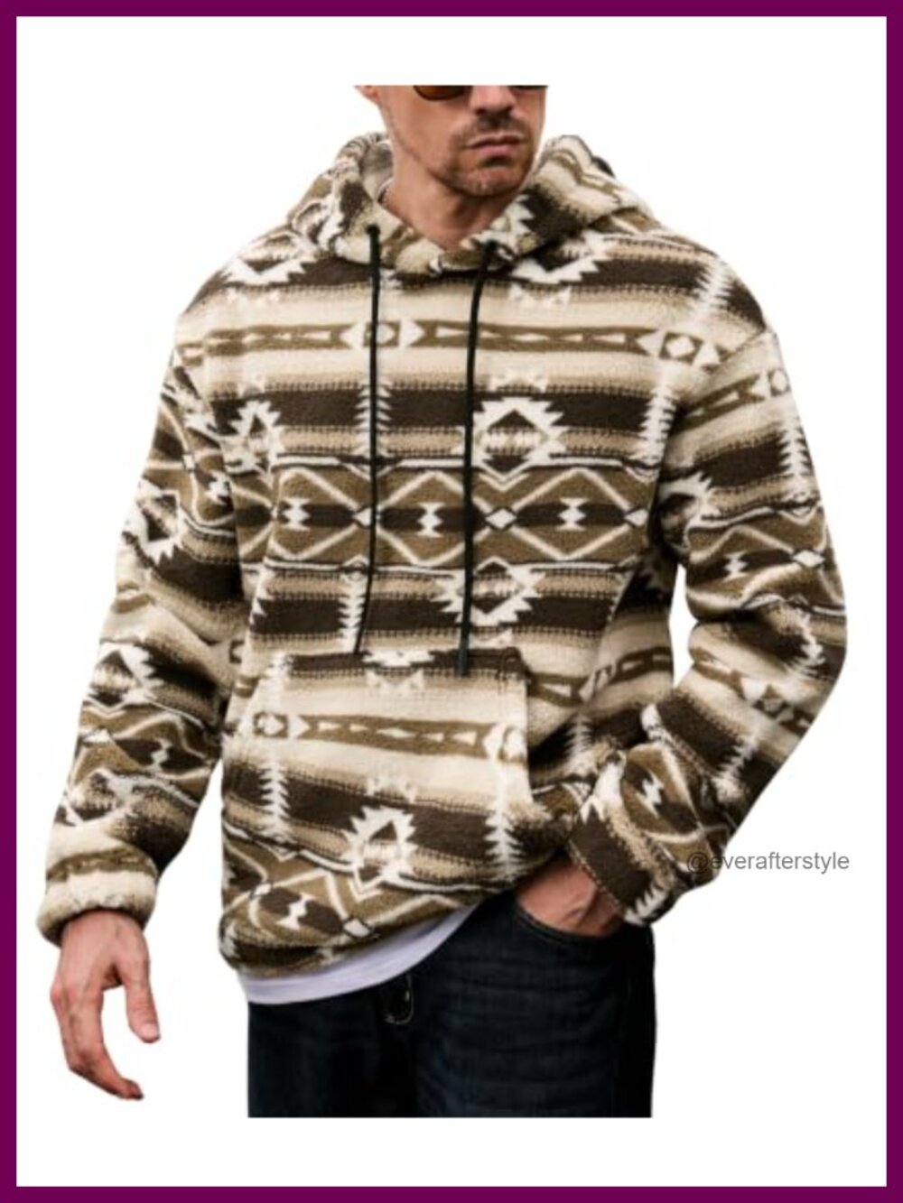 Mens Aztec Tribal Sherpa Hoodie Loose Fit Thermal Sweatshirt Kangaroo Pocket
